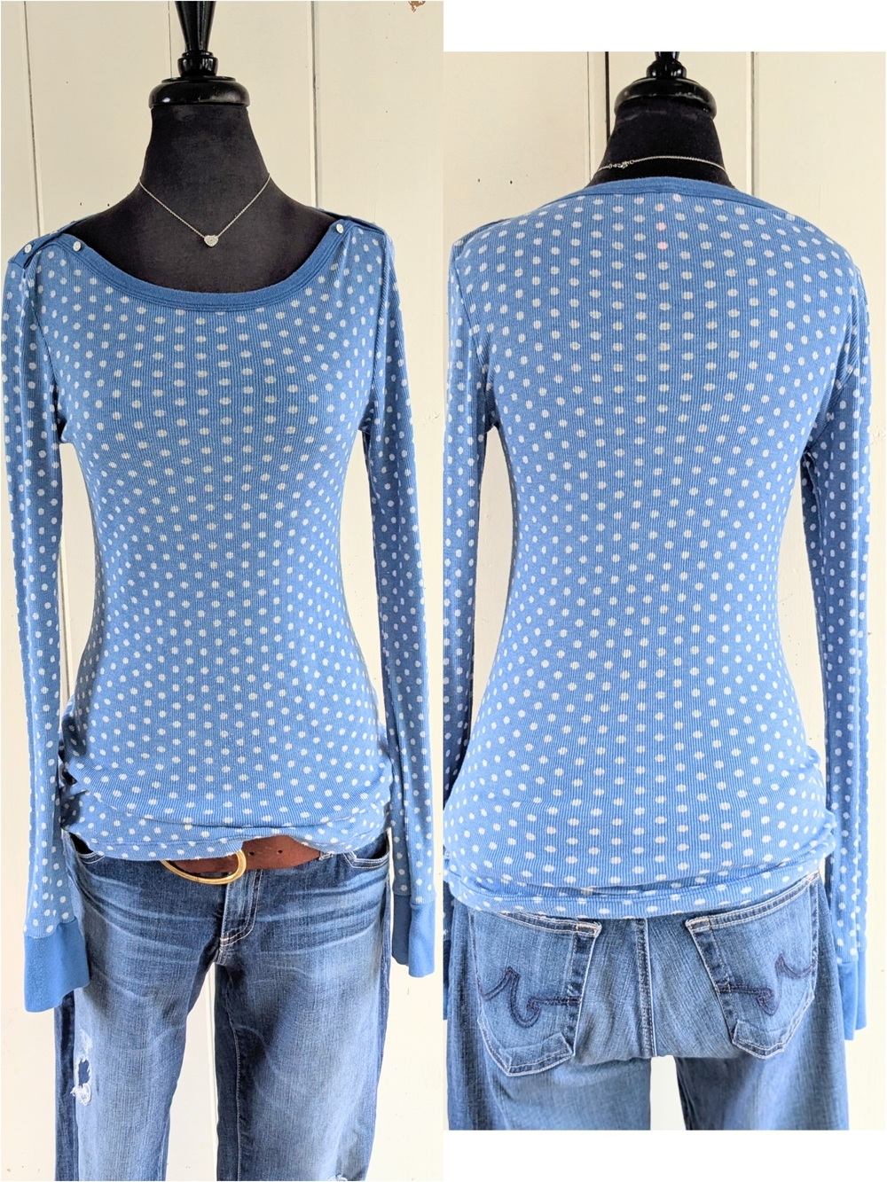 Charlotte Long-Sleeve Polka Dot Top w/ rhinestone detail sz L